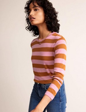 Pink / Brown Women's Boden Tamsin Long Sleeve Tops | 79623TXWA