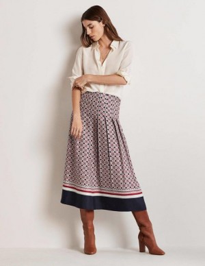 Pink / Navy Women's Boden Pleated Printed Skirts | 97830PRHT