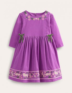 Purple Kids' Boden Embroidered Cord Dress | 40923DUWP