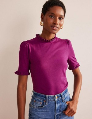 Purple Women's Boden Supersoft Frill Detail T-Shirt | 69518PVWA