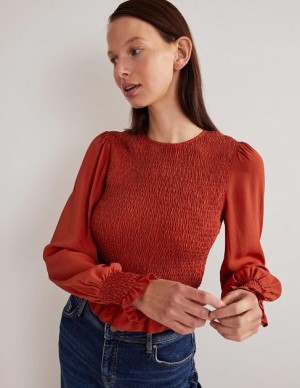 Red Women's Boden Crew Neck Smocked Bodice Tops | 06493GQFL