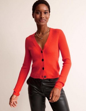 Red Women's Boden Ribbed Merino V Cardigan | 68543CFNU