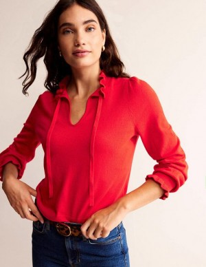 Red Women's Boden Ruffle Tie Neck Jumpers | 91405TLEN