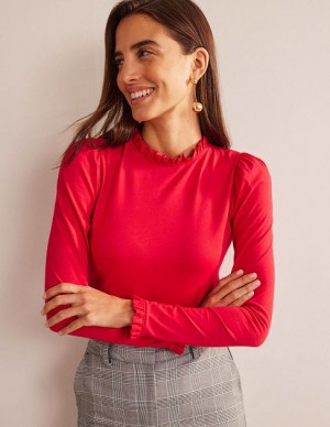 Red Women's Boden Supersoft Frill Detail Tops | 95824QMGU