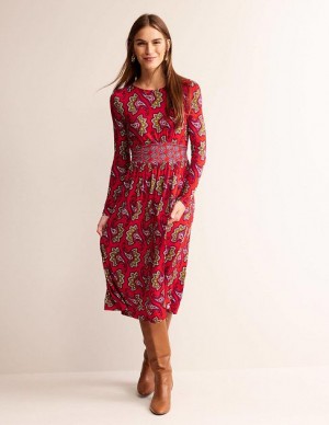 Red Women's Boden Thea Long Sleeve Midi Dress | 09738JUDP