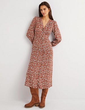 Red / Flower Women's Boden Button Through Midi Dress | 38216ENWP