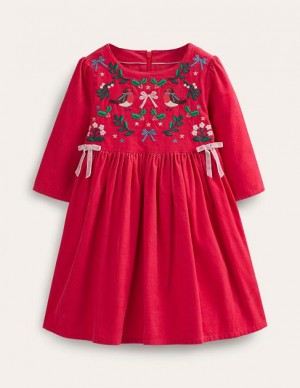 Red / Green Kids' Boden Embroidered Cord Dress | 76821ESDN