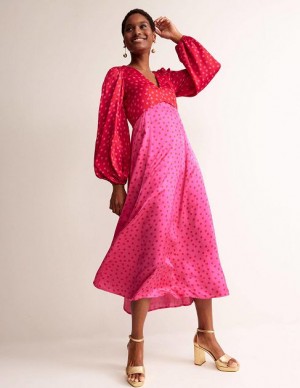 Red / Pink Women's Boden Blouson Sleeve Midi Dress | 13986JKQF