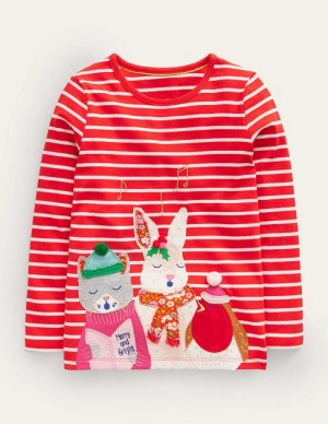 Red / White Kids' Boden Puff Sleeve Appliqué T-Shirt | 13875ZVUT