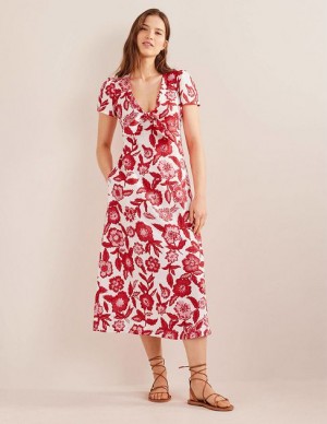 Red / White Women's Boden Tie Front Linen Midi Dress | 46817TKAB