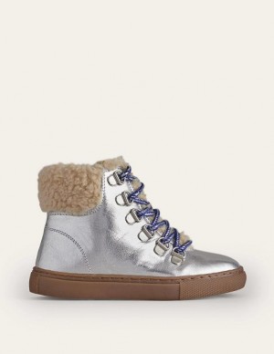 Silver Metal Kids' Boden Cosy Leather Lace Up Boots | 49723HDVR