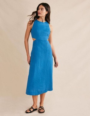 Turquoise Women's Boden Cut Out Linen Midi Dress | 72690QJVU