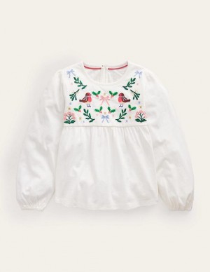 White Kids' Boden Embroidered Jersey Tops | 72341GOPS