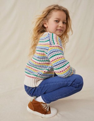 White Multicolor Stripes Kids' Boden Chunky Striped Sweaters | 61702HAUK