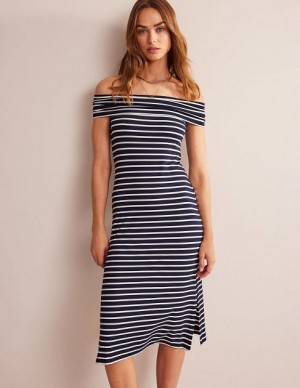 White Navy Stripes Women's Boden Bardot Jersey Midi Dress | 43961WNHO