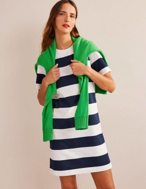 White Navy Stripes Women's Boden Crew Neck Shirt Dress | 21360IQHN