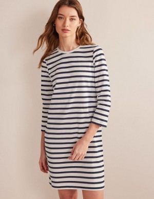 White Navy Stripes Women's Boden Jersey Shirt Dress | 14863HLYD