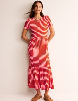 White Stripes Women's Boden Emma Tiered Jersey Midi Dress | 10895GBOW