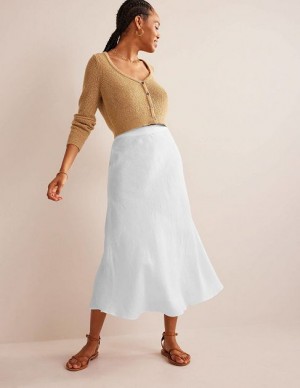 White Women's Boden Bias Linen Skirts | 47312CYFW