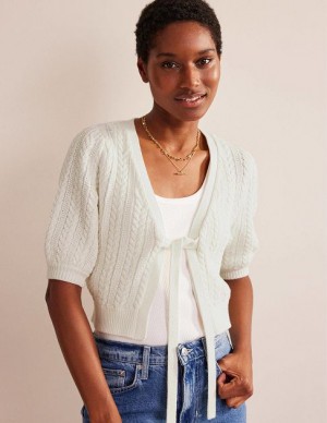 White Women's Boden Bow-trim Cropped Cardigan | 50942PMQU