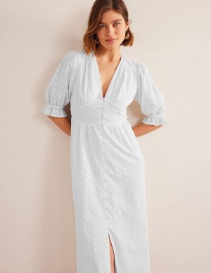 White Women's Boden Broderie Midi Dress | 39718JTGQ