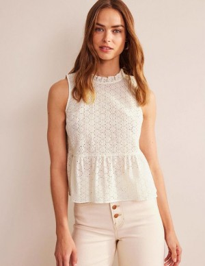 White Women's Boden Broderie Peplum Tops | 96370RHBX