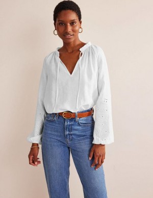 White Women's Boden Broderie Tie-neck Linen Tops | 71203EBPS