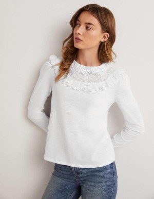 White Women's Boden Broderie Yoke Frill Tops | 43062OTHA