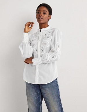 White Women's Boden Embroidered Shirts | 08649XUNV