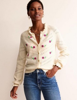 White Women's Boden Floral Embroidered Cardigan | 91623DMGS