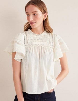 White Women's Boden Flutter Sleeve Trim Detail Tops | 26098ROMT