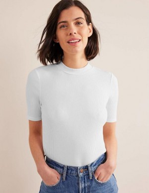 White Women's Boden High Neck Ribbed Tops | 96478AHFV