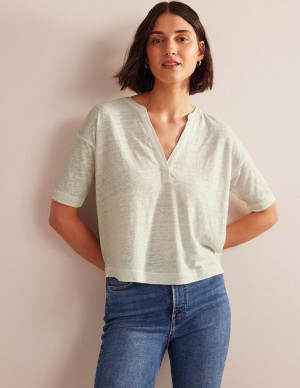 White Women's Boden Notch Neck Linen Henley Tops | 40278ZTRC