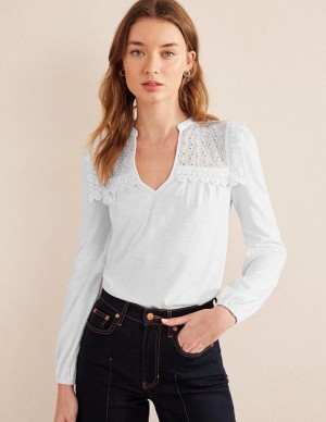 White Women's Boden Notch Neck Woven Mix Tops | 75124SHYO