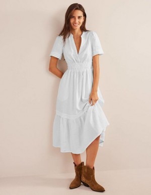 White Women's Boden Pintuck Detail Midi Dress | 80534OEXJ