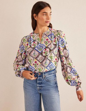 White Women's Boden Placement Print Shirts | 36798SARQ