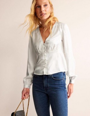 White Women's Boden V-neck Rouleaux Button Tops | 84715HFRL