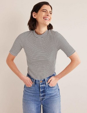 White / Black Stripes Women's Boden High Neck Ribbed Tops | 98031ADGQ