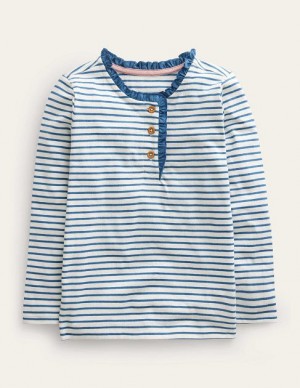 White / Blue Kids' Boden Henley Ruffle Breton Tops | 21497FZIB