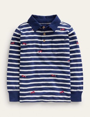 White / Navy Kids' Boden Embroidery Slub Polo Shirts | 79620SUMW