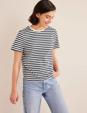 White / Navy Stripes Women's Boden Cotton Crew Neck T-Shirt | 54903XHQO