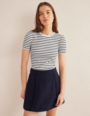 White / Navy Stripes Women's Boden Crew Neck Rib T-Shirt | 06853NEXZ