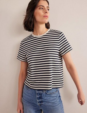 White / Navy Stripes Women's Boden Cropped Cotton T-Shirt | 20378EYQD