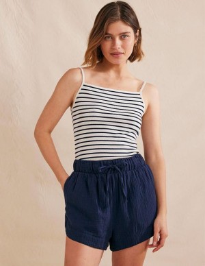 White / Navy Stripes Women's Boden Square Neck Ribbed Tanks | 43279QYGV