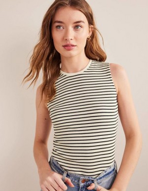 White / Navy Stripes Women's Boden Striped Ribbed Tanks | 26379VBWK