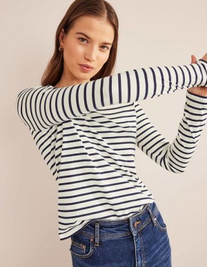 White / Navy Women's Boden Bea Long Sleeve Breton T-Shirt | 61759VOHI