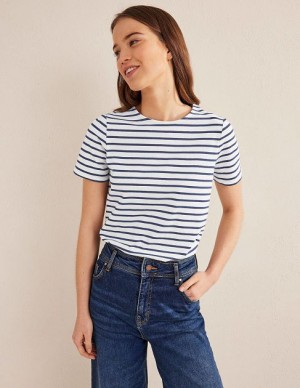 White / Navy Women's Boden Bea Short Sleeve Breton T-Shirt | 07851GPQH