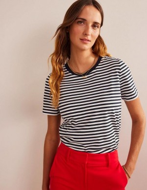 White / Navy Women's Boden Pure Cotton Crew T-Shirt | 81250IVSX