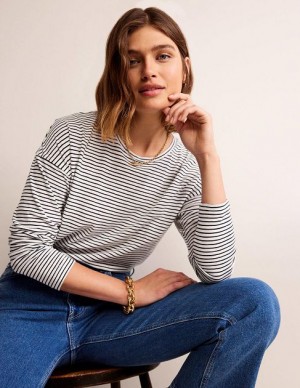 White / Navy Women's Boden Regular Dropped Shoulder Tops | 27059EJOB