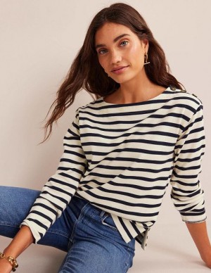 White / Navy Women's Boden Sophie Breton Tops | 06253UFWX